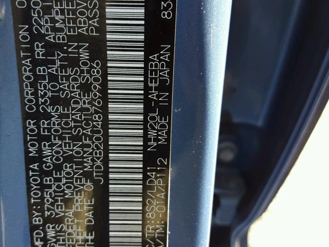 JTDKB20U487699086 - 2008 TOYOTA PRIUS BLUE photo 10