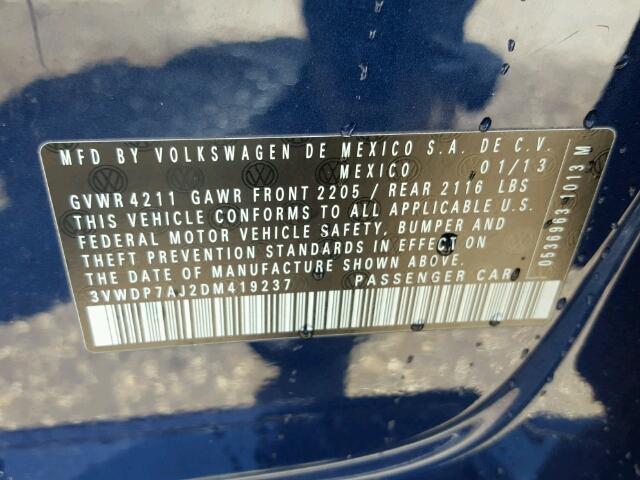 3VWDP7AJ2DM419237 - 2013 VOLKSWAGEN JETTA SE BLUE photo 10