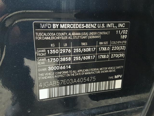 4JGAB57E03A405475 - 2003 MERCEDES-BENZ ML 350 BLUE photo 10