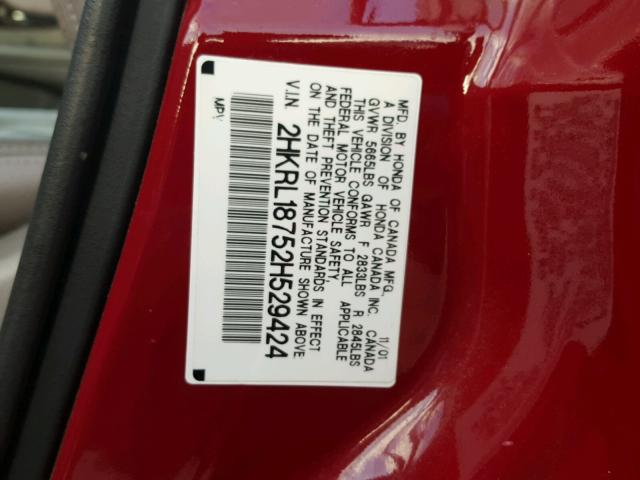 2HKRL18752H529424 - 2002 HONDA ODYSSEY EX RED photo 10