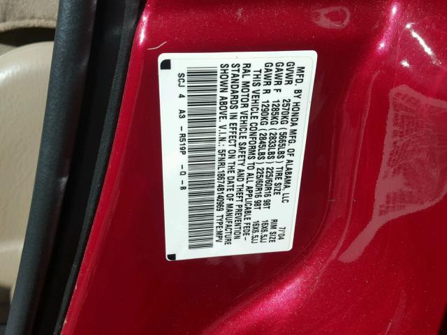 5FNRL18674B140969 - 2004 HONDA ODYSSEY EX RED photo 10