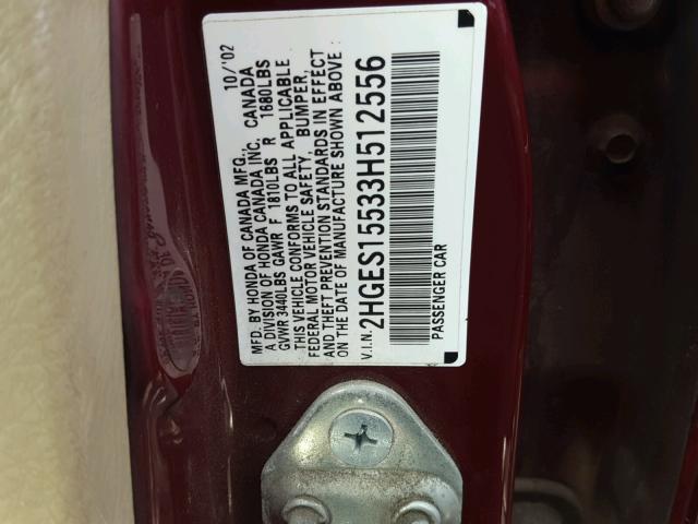 2HGES15533H512556 - 2003 HONDA CIVIC LX BURGUNDY photo 10