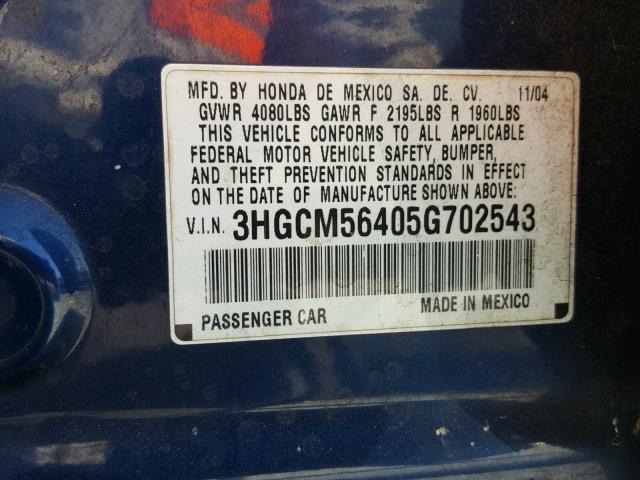 3HGCM56405G702543 - 2005 HONDA ACCORD LX BLUE photo 10