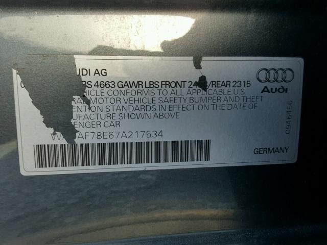 WAUAF78E67A217534 - 2007 AUDI A4 2 GRAY photo 10