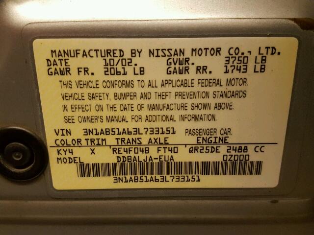 3N1AB51A63L733151 - 2003 NISSAN SENTRA SE- SILVER photo 10