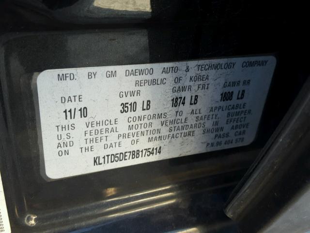 KL1TD5DE7BB175414 - 2011 CHEVROLET AVEO LS 黑色 照片 10