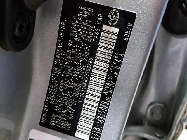 4T1B11HK6JU502289 - 2018 TOYOTA CAMRY L SILVER photo 10