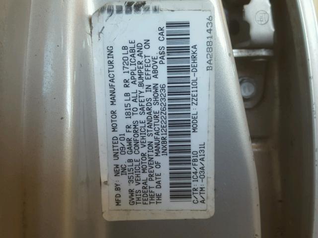 1NXBR12E22Z623236 - 2002 TOYOTA COROLLA CE SILVER photo 10