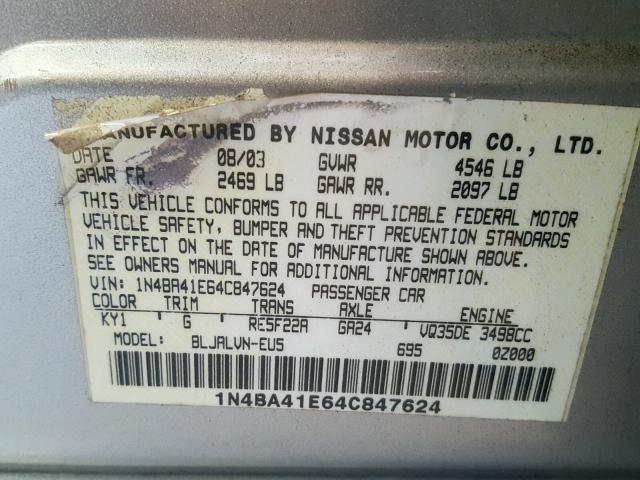 1N4BA41E64C847624 - 2004 NISSAN MAXIMA SE GRAY photo 10