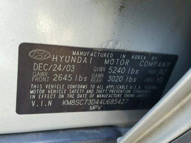 KM8SC73D44U685427 - 2004 HYUNDAI SANTA FE G SILVER photo 10