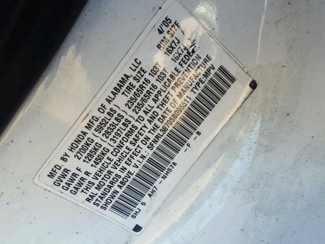 5FNRL38705B095511 - 2005 HONDA ODYSSEY EX WHITE photo 10