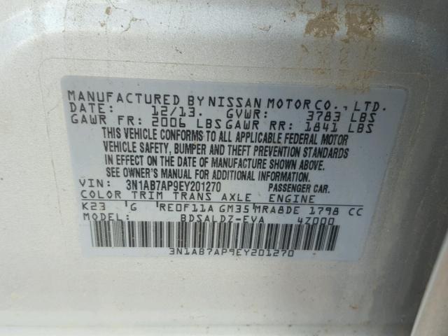 3N1AB7AP9EY201270 - 2014 NISSAN SENTRA S SILVER photo 10