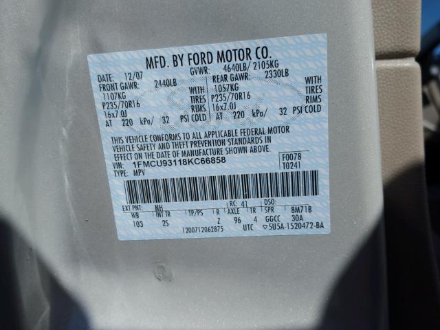 1FMCU93118KC66858 - 2008 FORD ESCAPE XLT BEIGE photo 10