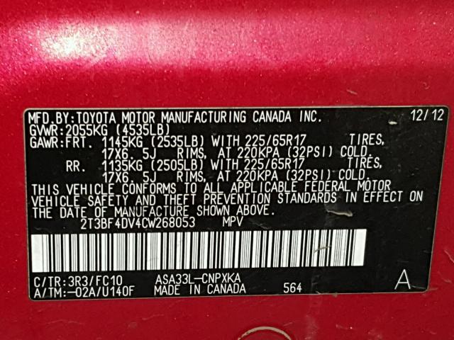 2T3BF4DV4CW268053 - 2012 TOYOTA RAV4 RED photo 10