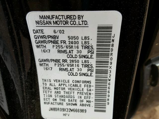 JN8DR09X32W666989 - 2002 NISSAN PATHFINDER BLACK photo 10