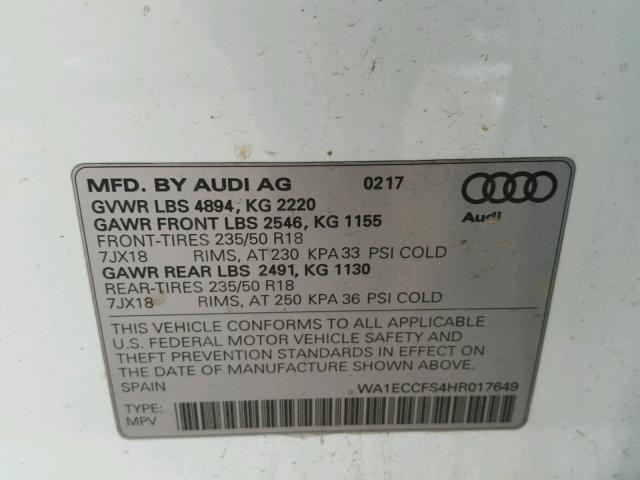 WA1ECCFS4HR017649 - 2017 AUDI Q3 PREMIUM WHITE photo 10