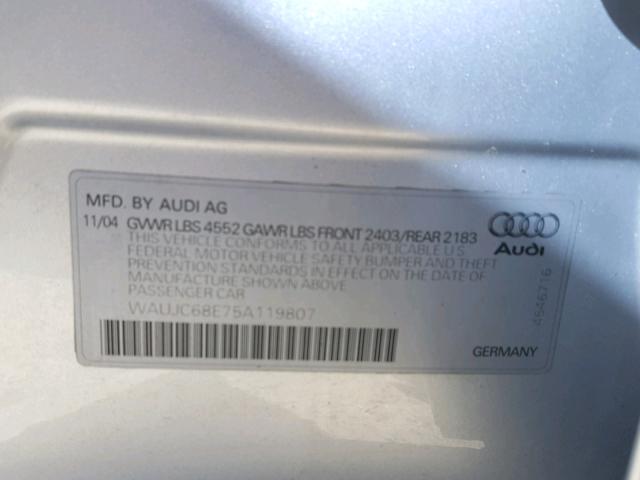 WAUJC68E75A119807 - 2005 AUDI A4 1.8T SILVER photo 10