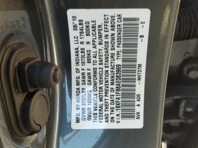 19XFA1F88AE083969 - 2010 HONDA CIVIC EX ნაცრისფერი ფოტო 10