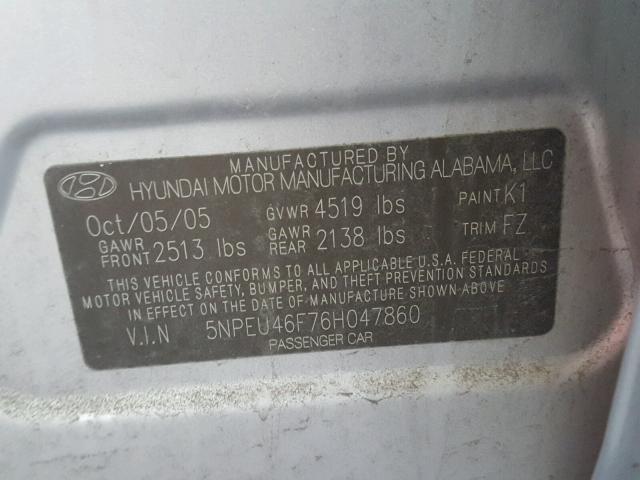 5NPEU46F76H047860 - 2006 HYUNDAI SONATA GLS SILVER photo 10