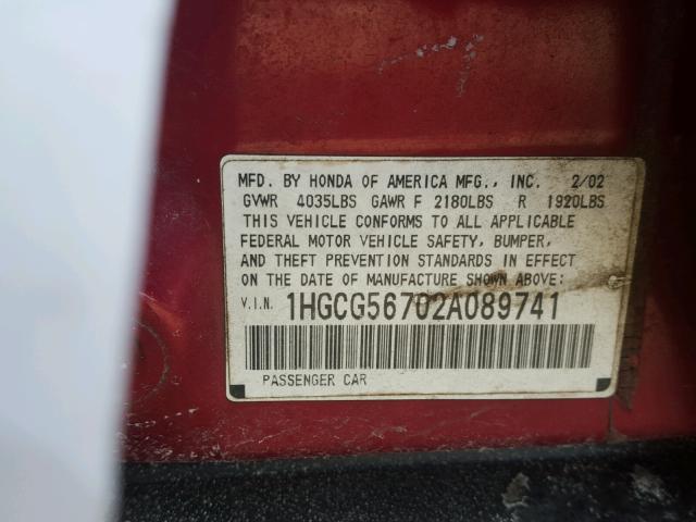 1HGCG56702A089741 - 2002 HONDA ACCORD SE MAROON photo 10