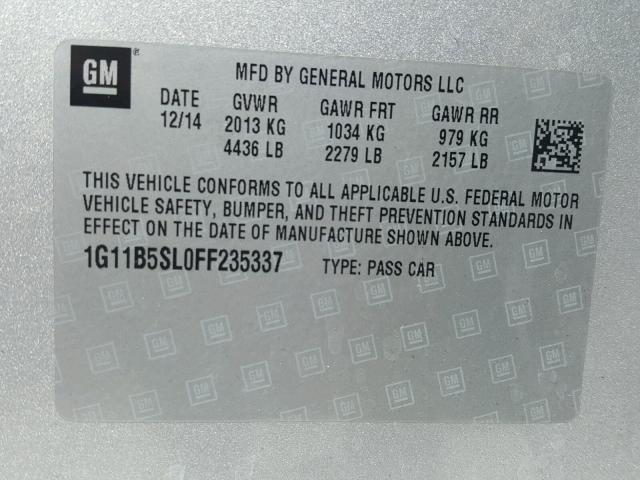 1G11B5SL0FF235337 - 2015 CHEVROLET MALIBU LS ვერცხლისფერი ფოტო 10