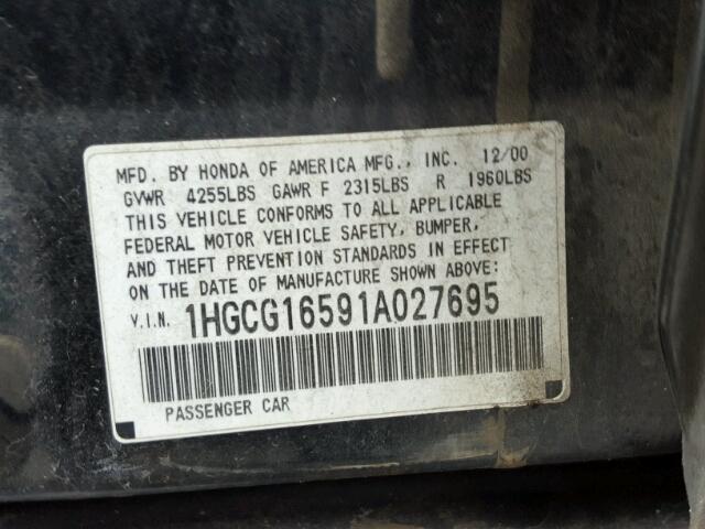 1HGCG16591A027695 - 2001 HONDA ACCORD EX BLACK photo 10