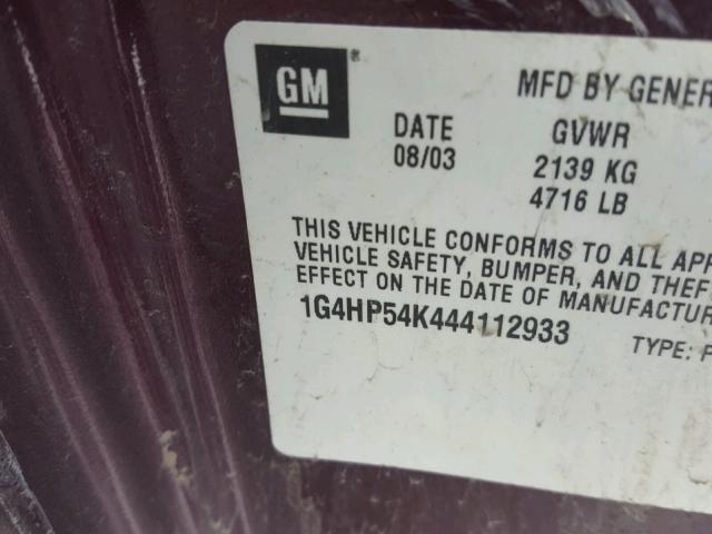 1G4HP54K444112933 - 2004 BUICK LESABRE CU BURGUNDY photo 10