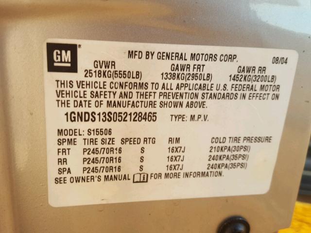 1GNDS13S052128465 - 2005 CHEVROLET TRAILBLAZE SILVER photo 10