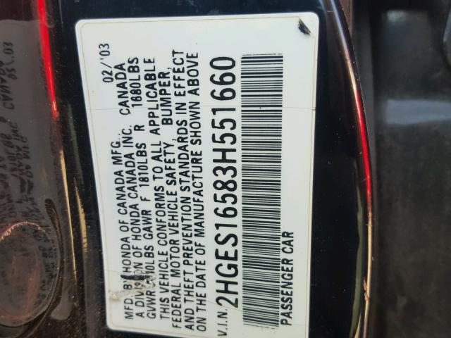 2HGES16583H551660 - 2003 HONDA CIVIC LX BLACK photo 10