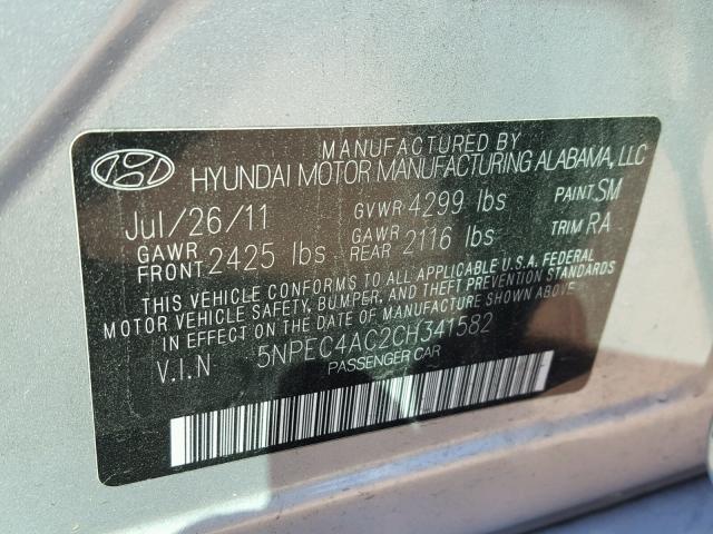 5NPEC4AC2CH341582 - 2012 HYUNDAI SONATA SE SILVER photo 10