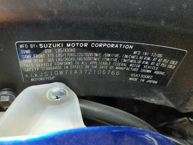 JS1GW71A372105766 - 2007 SUZUKI GSX1300 RZ BLUE photo 10