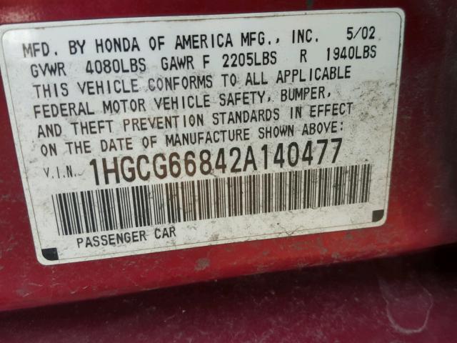 1HGCG66842A140477 - 2002 HONDA ACCORD EX RED photo 10