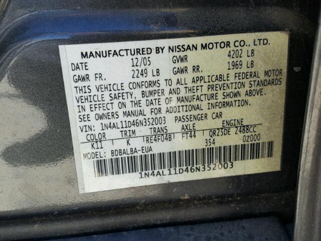 1N4AL11D46N352003 - 2006 NISSAN ALTIMA S GRAY photo 10