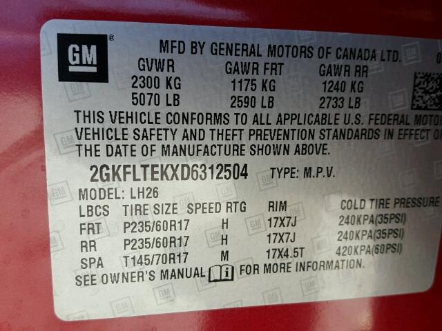 2GKFLTEKXD6312504 - 2013 GMC TERRAIN SL RED photo 10