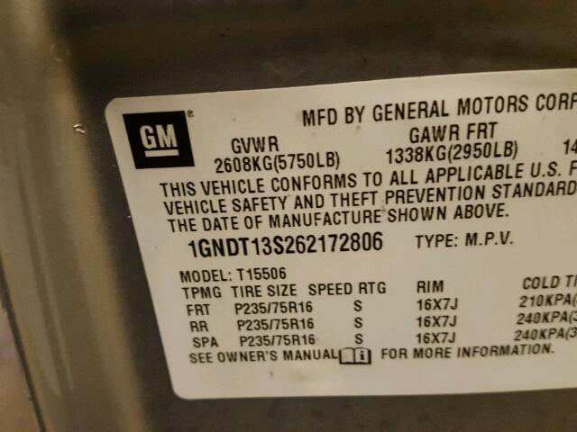 1GNDT13S262172806 - 2006 CHEVROLET TRAILBLAZE SILVER photo 10