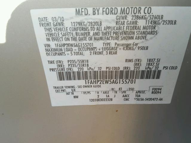 1FAHP2EW5AG155701 - 2010 FORD TAURUS SEL SILVER photo 10