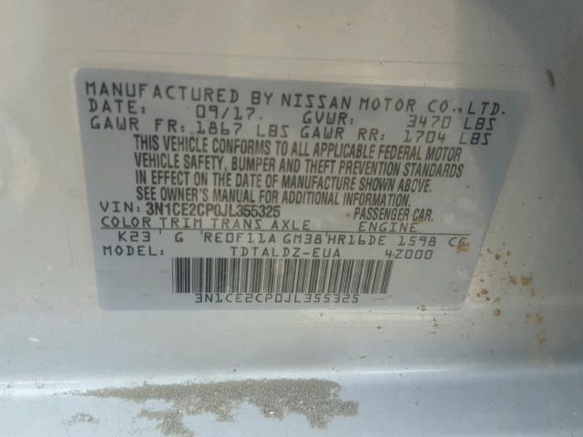 3N1CE2CP0JL355325 - 2018 NISSAN VERSA NOTE SILVER photo 10