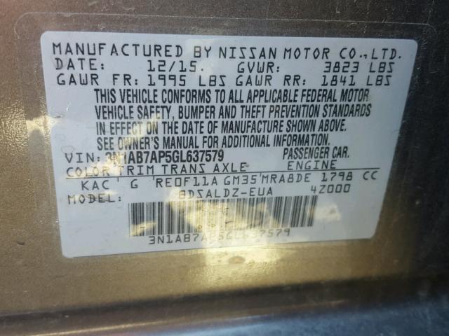 3N1AB7AP5GL637579 - 2016 NISSAN SENTRA S GRAY photo 10