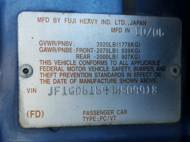 JF1GD61697H509918 - 2007 SUBARU IMPREZA 2. BLUE photo 10