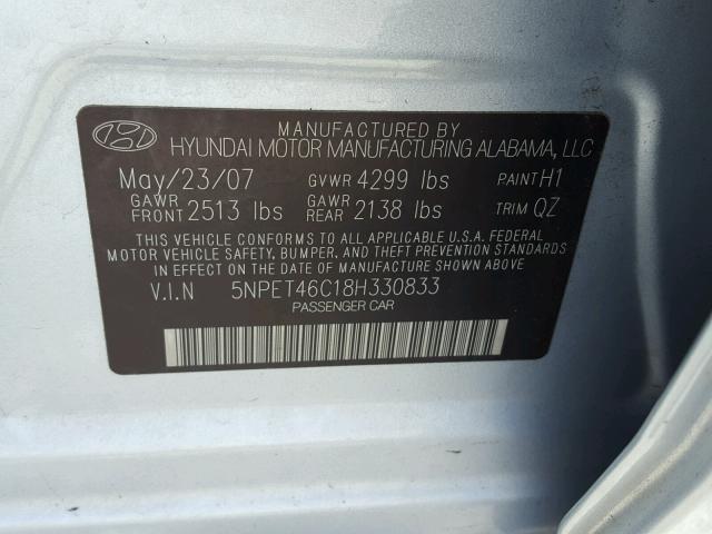 5NPET46C18H330833 - 2008 HYUNDAI SONATA GLS SILVER photo 10