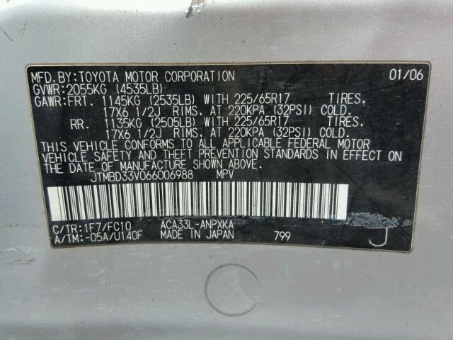 JTMBD33V066006988 - 2006 TOYOTA RAV4 SILVER photo 10