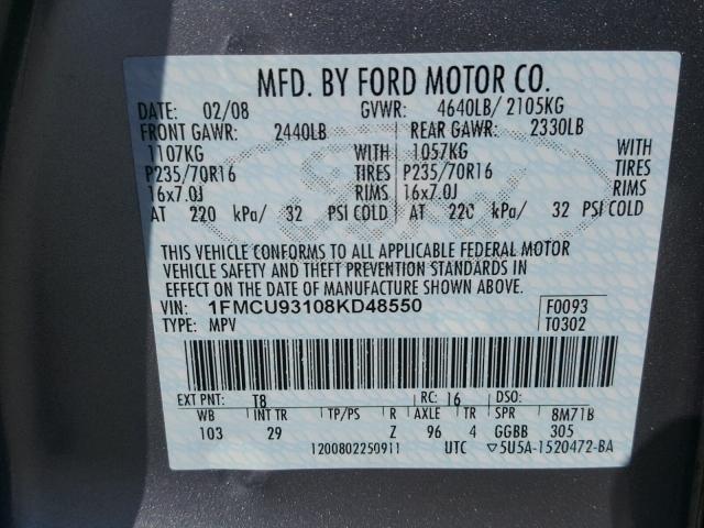 1FMCU93108KD48550 - 2008 FORD ESCAPE XLT GRAY photo 10