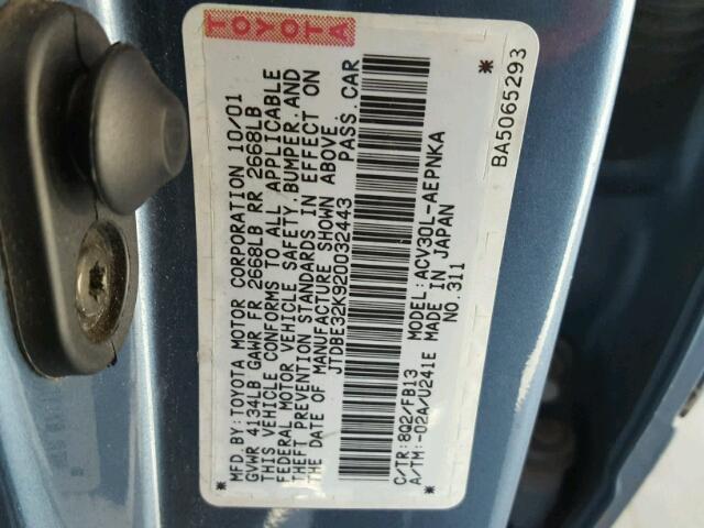 JTDBE32K920032443 - 2002 TOYOTA CAMRY LE BLUE photo 10