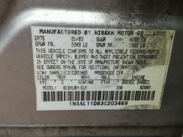 1N4AL11D83C203469 - 2003 NISSAN ALTIMA BAS SILVER photo 10