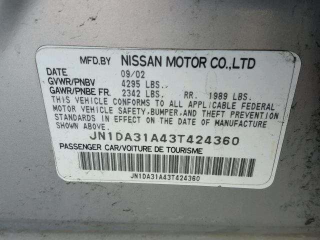 JN1DA31A43T424360 - 2003 NISSAN MAXIMA GLE SILVER photo 10