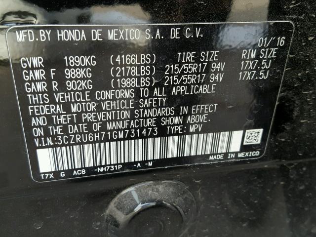 3CZRU6H71GM731473 - 2016 HONDA HR-V EXL BLACK photo 10