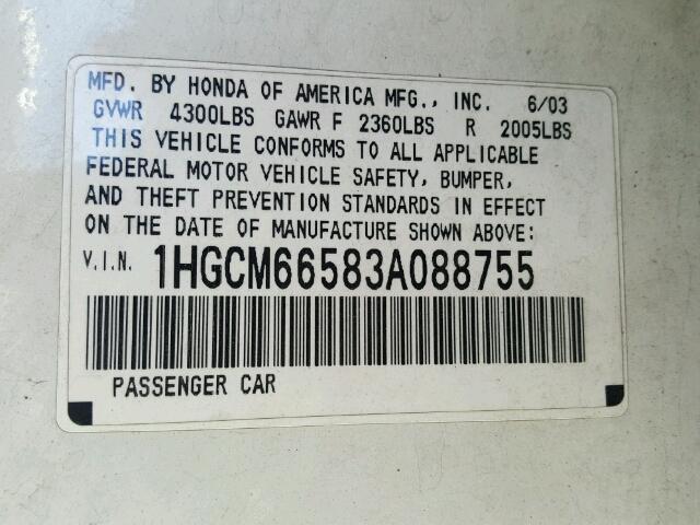 1HGCM66583A088755 - 2003 HONDA ACCORD WHITE photo 10