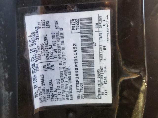 1FTEF14N0PNB11452 - 1993 FORD F150 BLACK photo 10