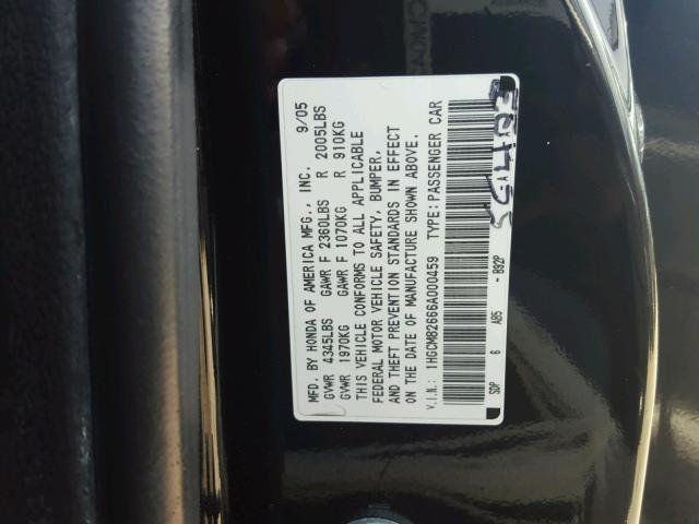 1HGCM82666A000459 - 2006 HONDA ACCORD EX BLACK photo 10