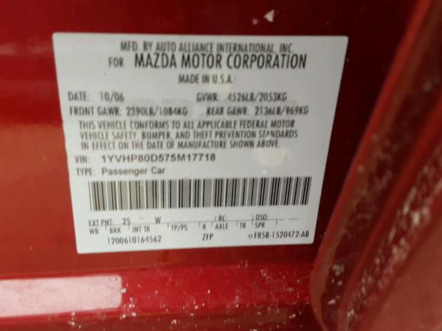 1YVHP80D575M17718 - 2007 MAZDA 6 S RED photo 10